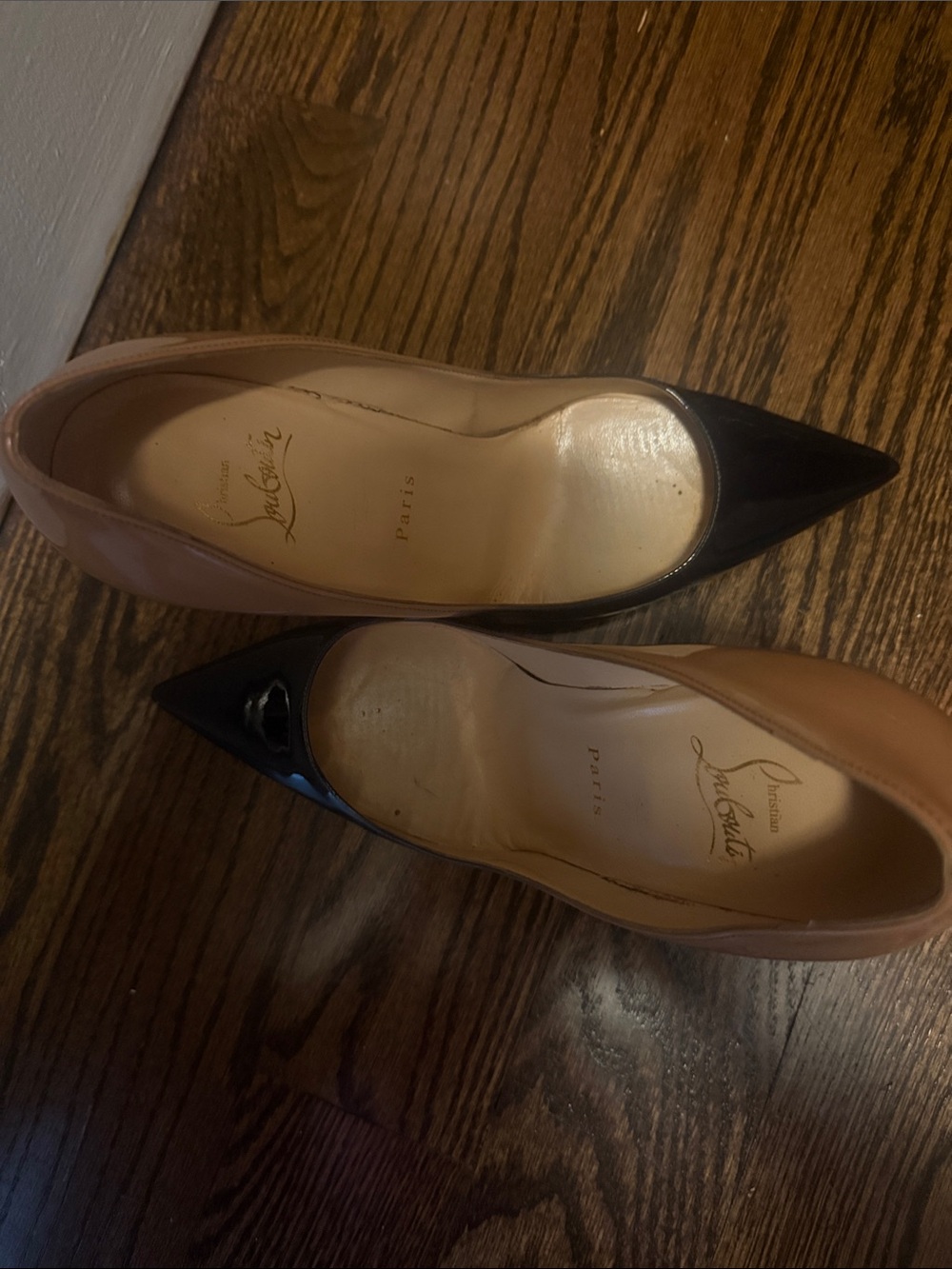 Christian Louboutin Two-Tone Patent Pointed Pumps - Black and Nude - Picture 7 of 7